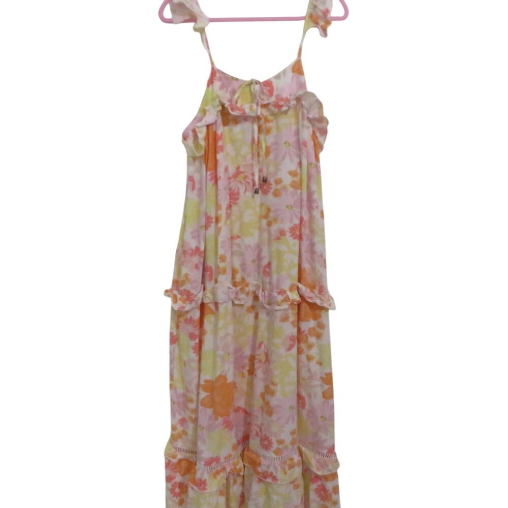 Paper Heart Women Sz 6 Orange Pink Yellow Floral Ruffle Tiered Maxi Dress